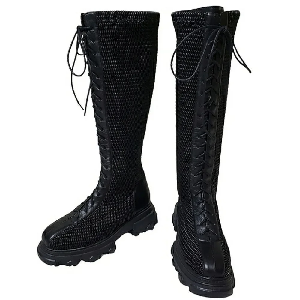NWOT Front Lace-Up Woven Stretchy Platform Alternative Punk Goth Edgy Boots